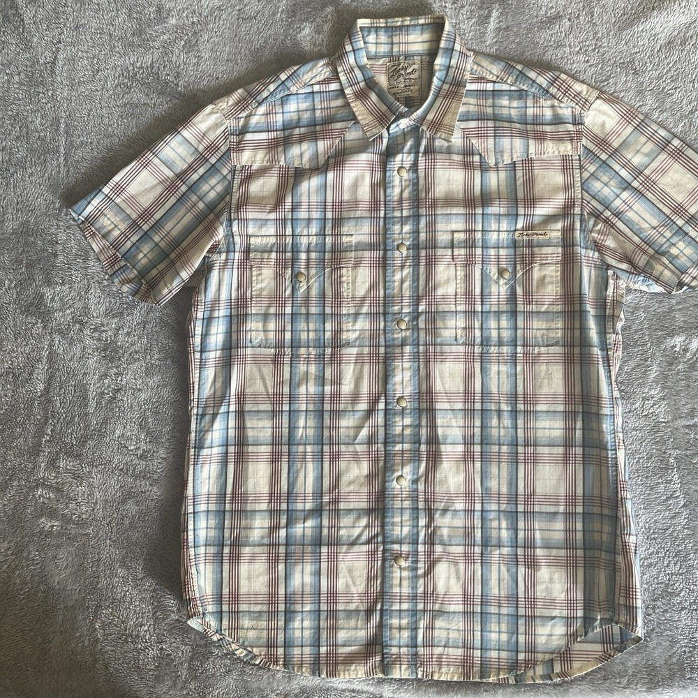 Lucky Brand Western Button Up Shirt Mens SZ M Blue Plaid Pearl Snap SEE DETAILS